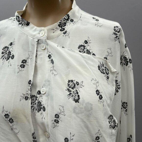 Club Monaco Ferttee Shirt Floral Print Blouse Ruffle Button Details White Size L - Picture 9 of 14